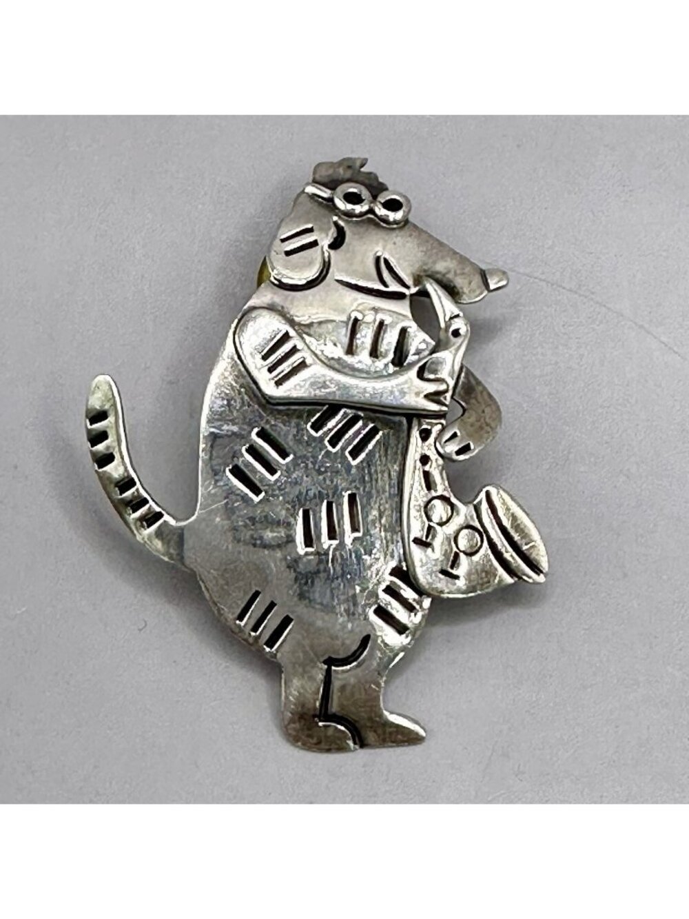Anthropomorphic Dog Playing Saxophone Pin Sterling Silver Taxco Mexico TM-138